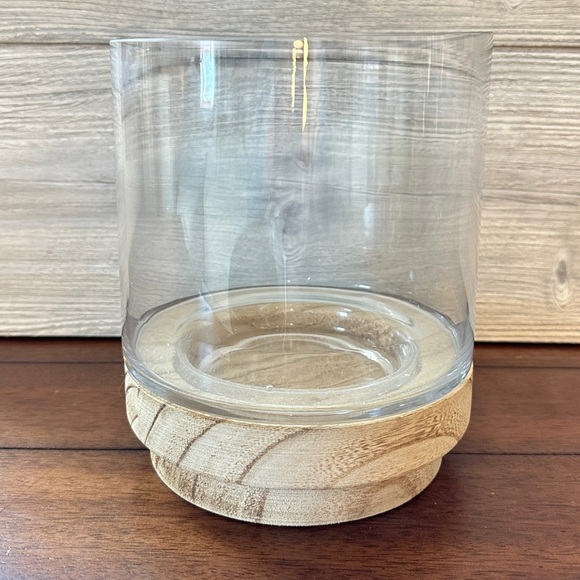 Glass Hurricane Vase with Mango Wood Base - Picture 3 of 16